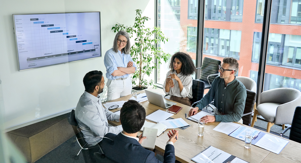 senior,female,ceo,and,multicultural,business,people,discussing,company,presentation